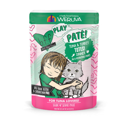 Weruva B.F.F. PLAY PATÉ! Turkey & Tuna Totes! Dinner in a Hydrating Purée Cat Food (3.0 Oz - 12pk)