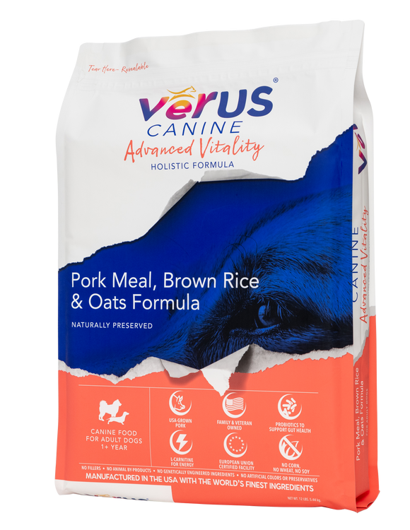 VēRUS Canine Advanced Vitality Pork Meal, Brown Rice & Oats Holistic Formula Dog Food (4 lb)