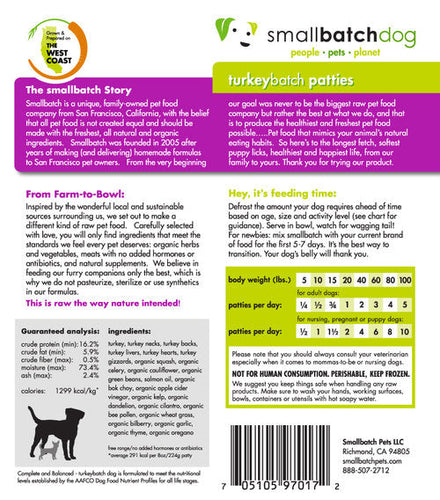 Smallbatch Turkeybatch Frozen Dog Food (18 Lb Patties - Buk Box)